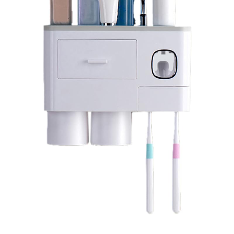 Cocoarm Portaspazzolino da Parete, Portaspazzolino Magnetico in Plastica con Dispenser per Dentifricio, Portaoggetti a Cassetto, Tazze Capovolte per Bancone del Bagno e Uso Familiare (2 tazze grigio