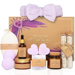 Birthday Gifts for Her with Lavender – 12 Piece Luxury Spa Gift Set for Women – Relaxation Pamper Hamper Bath Set Kit – Pamper Gifts for Women