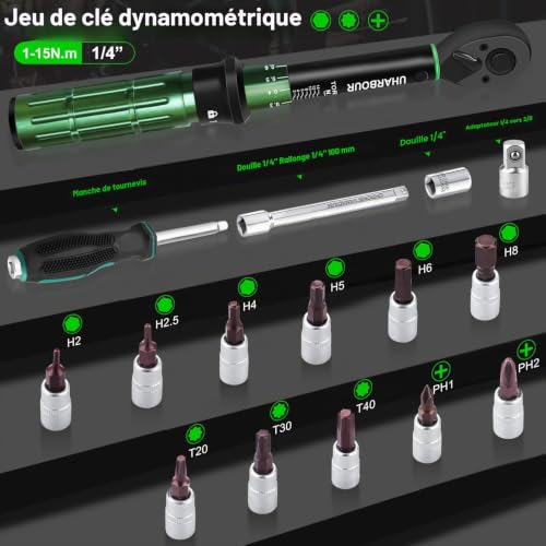 Uharbour Clé Dynamométrique Vélo 1-15 Nm, Clé Dynamométrique Vélo 1/4", Précision ±3% avec Certificat de Calibration, Kit 15 Pièces Complet pour Entretien Vélo avec Embouts, Adaptateur & Rallonge – vue 2