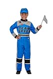 Luxuspiraten - Jungen Kinder Rennfahrer Formel 1 Fahrer Racing Car Driver Kostüm mit Jumpsuit Overall Einteiler, Kappe und Fahne, perfekt für Karneval, Fasching und Fastnacht, 140-152, Blau