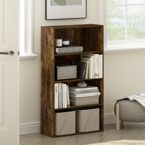 Image of Furinno PASIR Book Shelf, 4-Tier Bookshelf, Bookcase with Open Shelf, 9.4 x 23.6 x 41.7, for Living Room, Bedroom, Home Office, Amber Pine