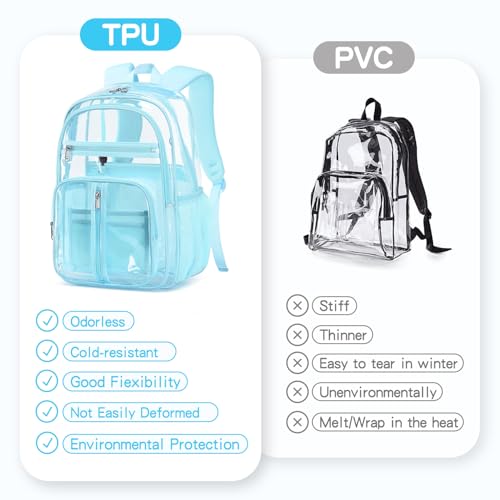 Image of XL Clear Backpack Heavy Duty For Lady,18in TPU Bookbag 15Age+ Girls,Not-PVC | See Through Stitch durable plastic Multi-Pocket Design For School Adults work Warehouses Airport security,check events (Aqua)