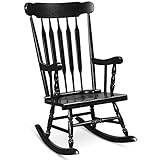 Tangkula Patio Rocking Chair Solid Rubber Wood, Outdoor Porch Rocker Chair with Rubber Wood Frame, Indoor Wooden Rocking Chair, Ideal for Garden, Backyard & Balcony (1, Black)