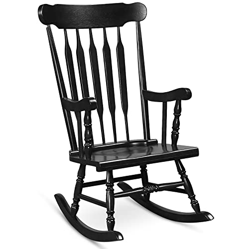 Tangkula Patio Rocking Chair Solid Rubber Wood, Outdoor Porch Rocker