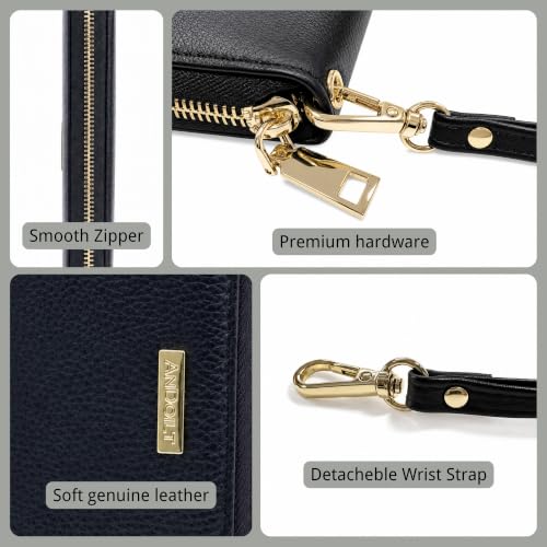 Image of ANDOILT Womens RFID Blocking Genuine Leather Zip Around Wallets Large Cell Phone Holder Clutch Travel Purse Wristlet (Black)
