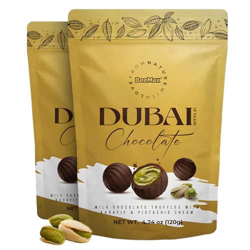 BEEMAX Dubai Style Chocolate Truffles, Made with Premium Milk, Pistachio Cream & Crunchy Kadaifi, Middle Eastern Gourmet, For Gift or Special Occasions, 4.24 oz Resealable Pouch, 2-Pack