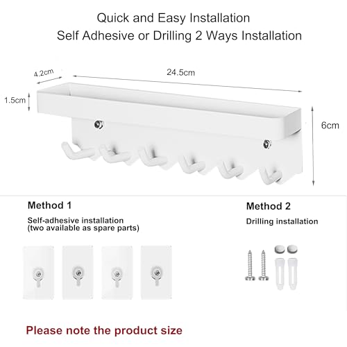 Echehi 6 Hooks Key Holder, Self Adhesive or Drilling 2 Ways Installation Key Holder for Wall, Key Hooks Wall Mounted for Entrance Area (White) - Cosy Home Interiors Echehi 6 Hooks Key Holder, Self Adhesive or Drilling 2 Ways Installation Key Holder for Wall, Key Hooks Wall Mounted for Entrance Area (White) - Image 2