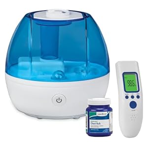 Seasonal Relief Bundle 3-Piece | Cool Mist Humidifier | Forehead Thermometer | Medicated Chest Rub | Fast Relief During Cough Cold Season | Whole Family Care