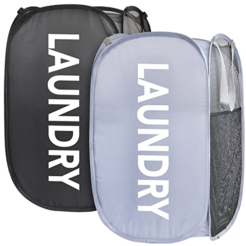 PASHOP Cestos de lavandería plegables de malla fuerte, con asas duraderas plegables y plegables para ropa (2 unidades, negro+gris) Cover