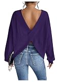 SweatyRocks Women's Criss Cross Round Neck Pullover Sweaters Long Sleeve Loose Cut Out Back Knit Tee Tops Backless Shirts Dark Purple Large