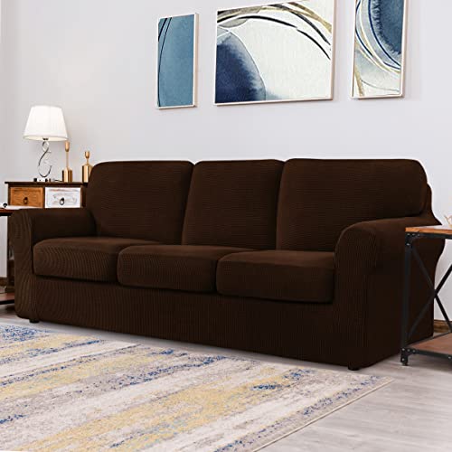Chun Yi 7 Piece Stretch Sofa Cover, 3 Seater Couch Slipcover With Three Separate Backrests And Cushions With Elastic Band, Checks Spandex Jacquard Fabric(Large,Chocolate) #TOP1