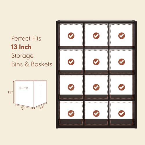 Image of Furinno Cubicle Record Player Stand, 12-Cube Record Storage, Dark Oak | Vinyl Storage, 1.2 inchInch Extra Thick, Open Back Media Shelf for CD DVD Bluray Game Disc, for Living Room, Home Office