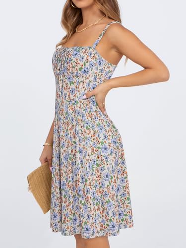 Image of YATHON Summer Mini Corset Sun Dress for Women Short Casual Square Neck Lace Up Floral Beach Vacation Dresses with Pockets