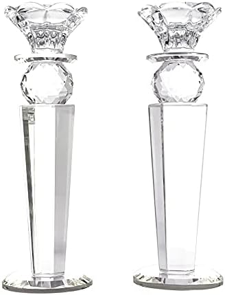 Allgala Set of 2 Crystal Glass Made Reverse Tapered Pillar and Hand Crafted Ball Candlesticks-8.5"-HD89151