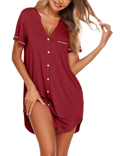 Image of Ekouaer Nightgowns for Women Button Down Night Gowns Short Sleeve Sleep Shirt V Neck Nightshirt Soft Sleepwear Pajams Dress