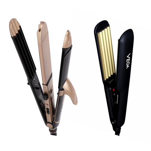 Image of VEGA 3 in 1 Hair Styler, Straightener, Curler & Crimper (VHSCC-01), Black & Classic Hair Crimper With Quick Heat Up & Ceramic Coated Plates, (VHCR-01), Black