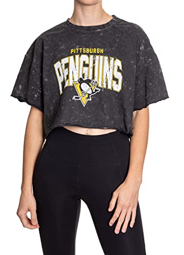 Calhoun NHL Surf & Skate Ladies Acid Wash Cropped T-Shirt (Small/Medium Pittsburgh Penguins)