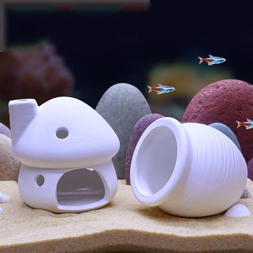 Image of White Betta Fish Tank Accessories Decor Ceramic Jar Cute Shrimp Shelter House Ornaments Aquarium Hideout Caves Landscape Decorations for Small Fish to Breed Hide (Large)