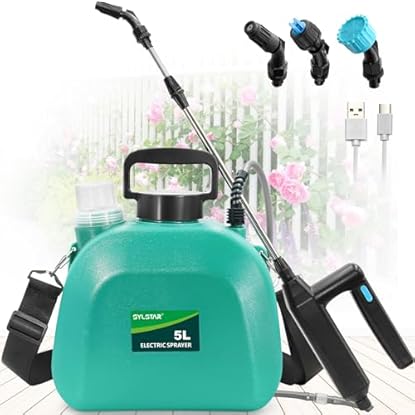 Foto di SYLSTAR Pompa Irroratrice a Batteria da 5L, 3 Velocità di Pompa Irroratrice,7.4V Spruzzatore Forte con Indicatore di Batteria, 4 Ugelli Regolabili Nebulizzatore Piante per Giardino (Verde)