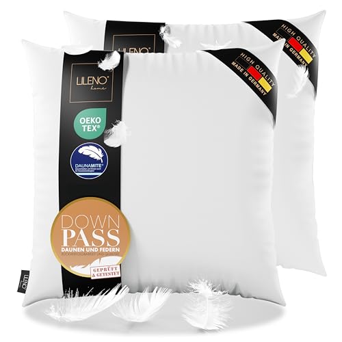 LILENO HOME 3-Kammer Daunenkissen 60x60 (2er Set) - Allergiker geeignet - Baumwoll Kissen 60x60 mit Federn & Daunen Füllung - langlebig & atmungsaktives Kopfkissen 60x60 Daunen u. Federfüllung