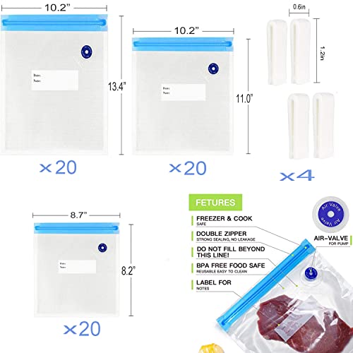 Sous Vide Bags 20pack Reusable Vacuum Food Storage Bags with 3 Sizes Vacuum Food Bags,4 Sealing Clips for Food Storage and Sous Vide Cooking (60pcs bags)