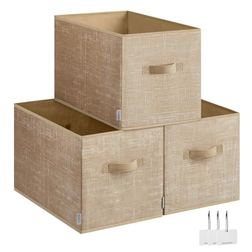 SONGMICS Cajas de Almacenaje Plegables, Juego de 3 Cestas de Tela, 50 x 30 x 30 cm, Organizadores de Armario, 2 Asas, Portaetiquetas, para Dormitorio, Salón, Beige Arena ROB450K01