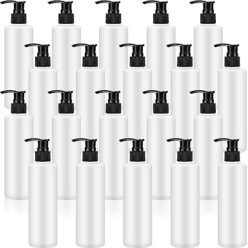 Thyle 20 Pcs Plastic Pump Dispenser Bottle 8 oz Refillable Plastic Bottles Bulk Lotion Container Travel Lock Empty container for Shampoo Massage Oil Dispensing (White bottle, black head)