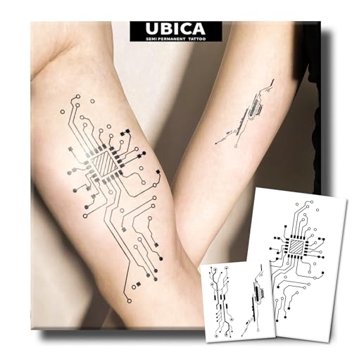 UBICA Circuit Geometric Semi Permanent Tattoo, 2 Sheets Black Minimalist Line Realistic Temporary Tattoo for Adult, Lasts 7-15 Days Fake Tattoos Stickers for Arm, Waterproof & Non-Reflective