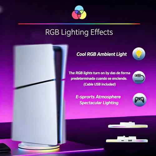 Image of Portable Vertical Stand for PS5 /PS5 Slim /Pro Console (Disc and Digital) with RGB Ambient Lights, Base for PS5 and 4 Anti-Slip Mats, Stable Heat Dissipation and Space Saving (White)