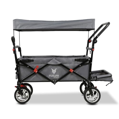 FUXLIFE Bollerwagen FX-CT800 Komfort faltbar - Grau Kinder Transportwagen mit Sonnendach gepolsterte Innenraumverlängerung robuste Räder kompakt klappbarer Handwagen