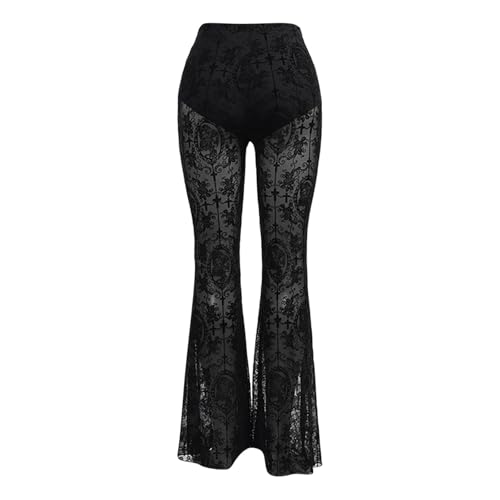 Pantalon de yoga évasé pour femme en dentelle noire chic taille haute extensible pour soirée