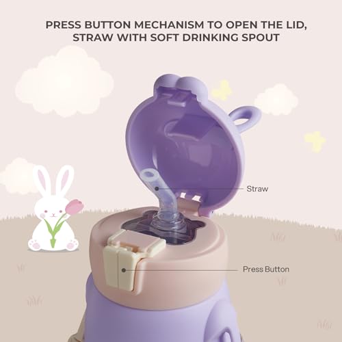 Image of Cello Bunny Kids Stainless Steel Flask 500ml, Purple | Double Walled Vacuum Insulated Technology | One Click Push Button to Open | Ideal for School, Sports, Picnics