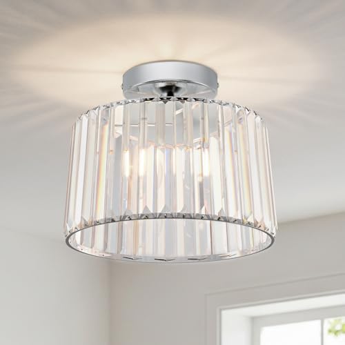 ANWIO Lustre Cristal Moderne Argent, E27 Lustre Chambre, Luminaires Salon Ø265mm, Plafonnier Led Cuisine, Couloir, Salle à Manger
