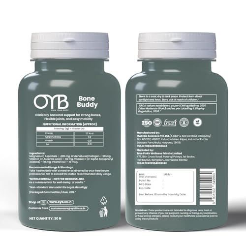 Image of OYB Bone Buddy Tablets with Vitamin D3, C, E, Collagen & Magnesium - Bone Strength & Joint Flexibility Support, Promotes Healthy Cartilage & Mobility, 30 Tablets