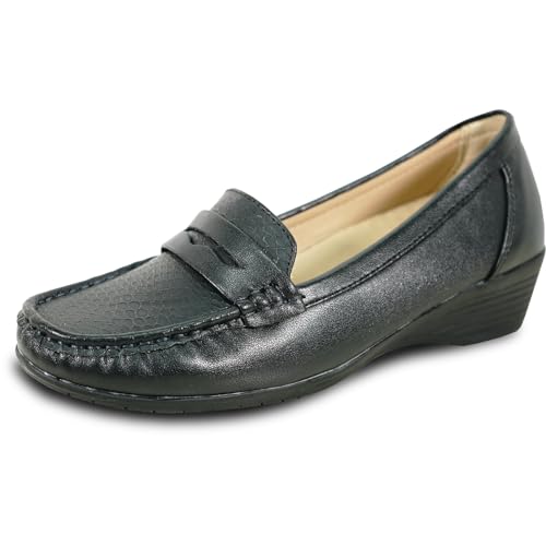 Image of KOZI Women Comfort Casual Wedge Shoe Slip-On Loafer ML Collection Round Toe Penny Loafer Removable Insole Black Champagne