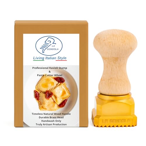 La Gondola Homemade Ravioli Stamp - Square Festooned 1.77x1.77in | Italian Pasta Making Tool for Home and Business | Brass & Natural Wood | Easy to Use Ravioli Stamp | Ravioli Cutter Made in Italy