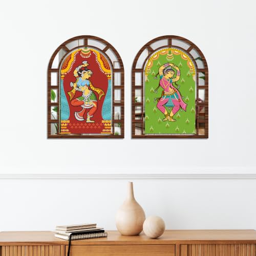 Image of Artvibes Indian Dancer Decorative Wall Hanging | Ethnic Jharokha Mirror Wall Hanging for Living Room, Hall, Bedroom, Lobby, Dining Area & Entrance | Gift (WHJ 12041N), Set of 2