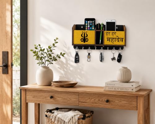 Image of Premium Har Har Mahadev Multipurpose Wooden Key Holder, Key Hanging for Wall Home, Living Room, Office Decor Key Holder Trishul Design Key Holder with Stainless Steel 8 Hooks Gift Item
