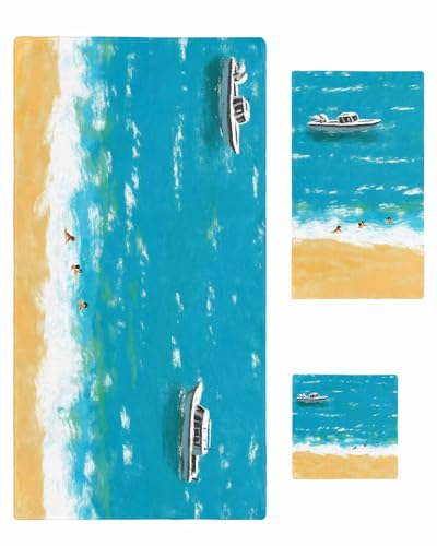 Summer Blue Beach Bathroom Towel Set,Microfiber Bath Kitchen Beach Hand Dish Towels Set,Vintage Coastal Sea Cruises Oil Painting Quick Dry Luxury Soft Decorative Towels+Set Clearance Bulk(3-PC)