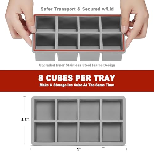 Image of Large Ice Cube Tray for Whiskey: Silicone Ice Cube Trays with Lid - 2Pack Big Square Old Fashioned Ice Cube Maker for Cocktail - 2inch Huge Cubed Ice Trays for Whisky (Grey-8 Grid)