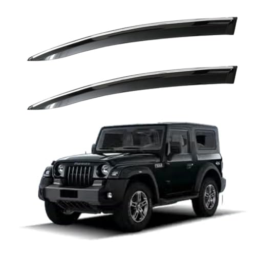 Image of CAR SAAZ Unbreakable Chrome Smoke Door Visor for Thar Type 2 (2020-Present) | Premium Sun Rain Wind Deflector Chrome Strip Side Door Rain Visor - Set of 2 Pcs
