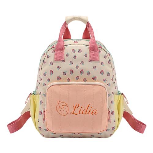 Genérico Mochila personalizada para menina com nome bordado, mini mochila infantil 23 x 28 cm, mochila bebé com design morango para meninas (1-5 anos)
