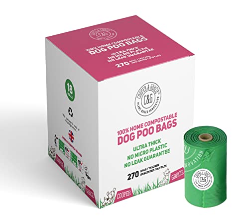 Cooper & Gracie Hundekotbeutel, 100 % kompostierbar, auf Pflanzenbasis, kein Mikroplastik, ultra-dick, biologisch abbaubar, kein Auslaufen, 270 Stück (18 Rollen mit je 15 Stück), geruchlos, dick Cover