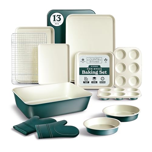 Country Kitchen Nonstick Stackable Bakeware Set - Deluxe Heavy Duty, Durable, Easy Release Baking Set, Sage, 13 Pcs