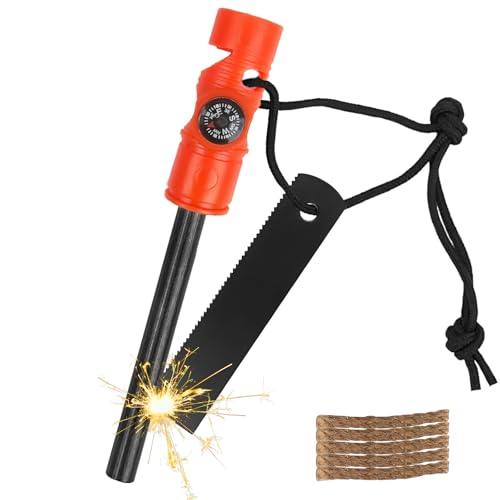 MOSTFUN Pedernal Supervivencia Magnesio Mechero Kit 5 En 1 Encendedor con Brújula Silbato Cuerda de Cáñamo Encendedor Supervivencia para Camping Supervivencia Exterior (Naranja)