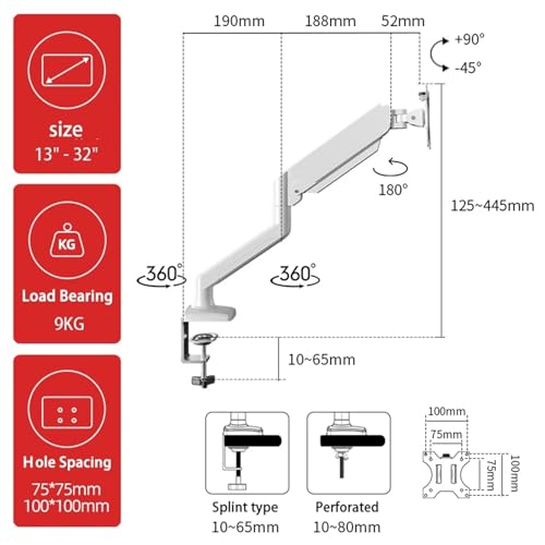 Support de moniteur ergonomique blanc en aluminium avec vérin à gaz durable
