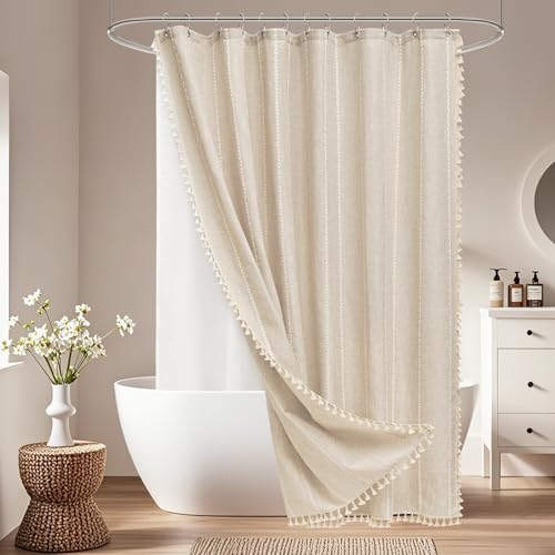 Boho Farmhouse Shower Curtain and Fabric Liner Set, Heavyweight Linen Textured Fabric Shower Curtain Beige with Tassels, 2 in 1 Waterproof Fabric Show