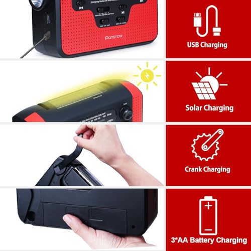 Image of Solar Hand Crank Emergency AM /FM /SW /NOAA Radio, Real NOAA Alert Weather Radio with SOS Alarm, TF Card Speaker, LED Flashlight & Reading Lamp, Phone Charger for Camping, Emergency (Red in)