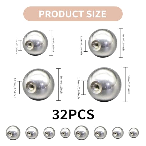 32 Stück Piercing Kugel Set Chirurgenstahl Piercing Kugeln 1,2mm Silber Ersatzkugel Schraubkugel 3mm 4mm 5mm 6mm Zungenpiercing Bauchnabelpiercing Kugel für Nase Lippe Zunge Augenbrauen Bauchnabel