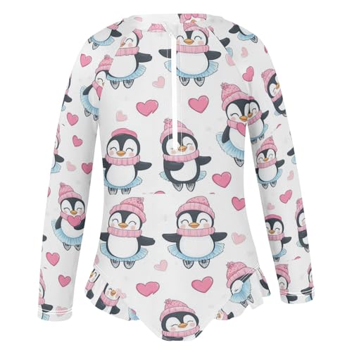 Cute Penguin and Pink Love Heart Girls Long Sleeve Swimsuit Rash Guard One Piece Bathing Suits Zipper 3-12T2